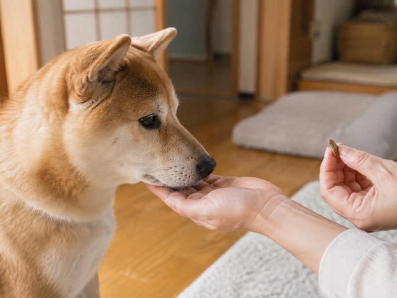 飼い主にお手入れしてもらう犬