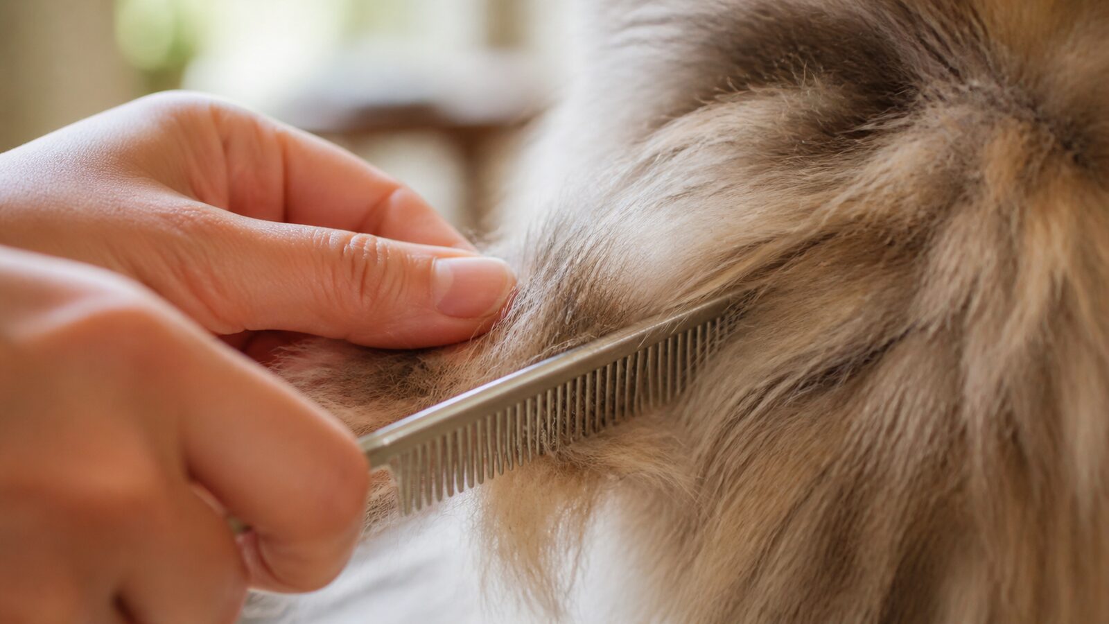 換毛期の猫の手入れと、寝床まわりの抜け毛掃除を組み合わせた様子