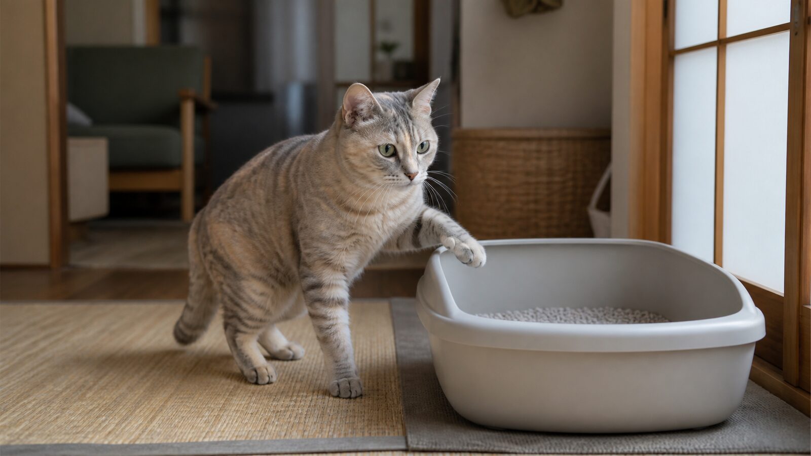 鉱物系、紙、木、おから、シリカゲルの猫砂を小皿で比較した写真