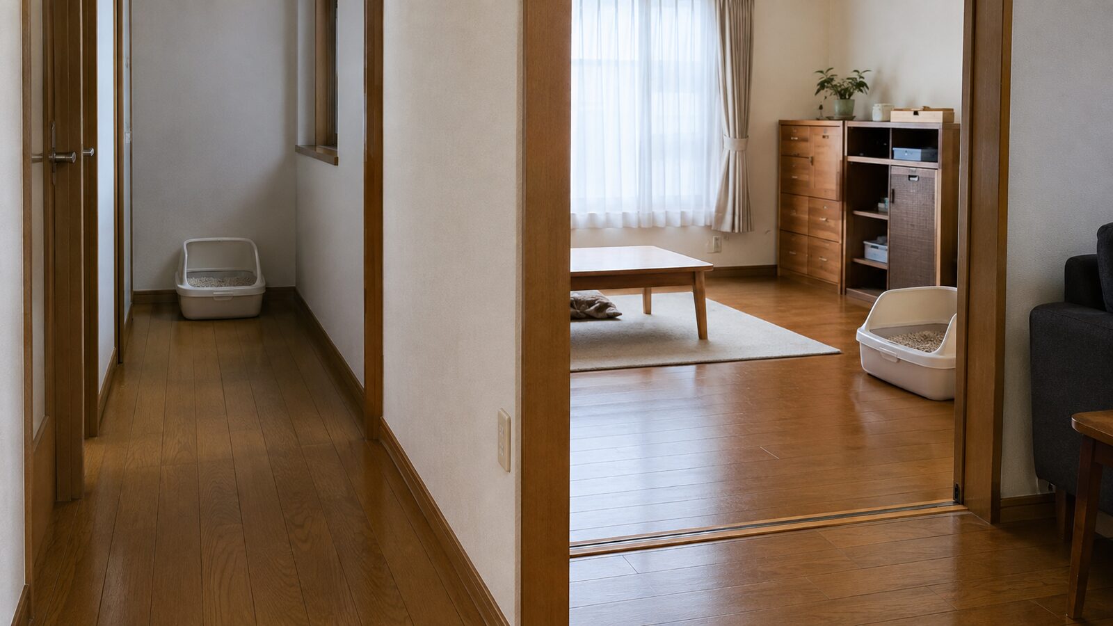 廊下の端と各階の静かな場所に猫用トイレを配置した間取り図