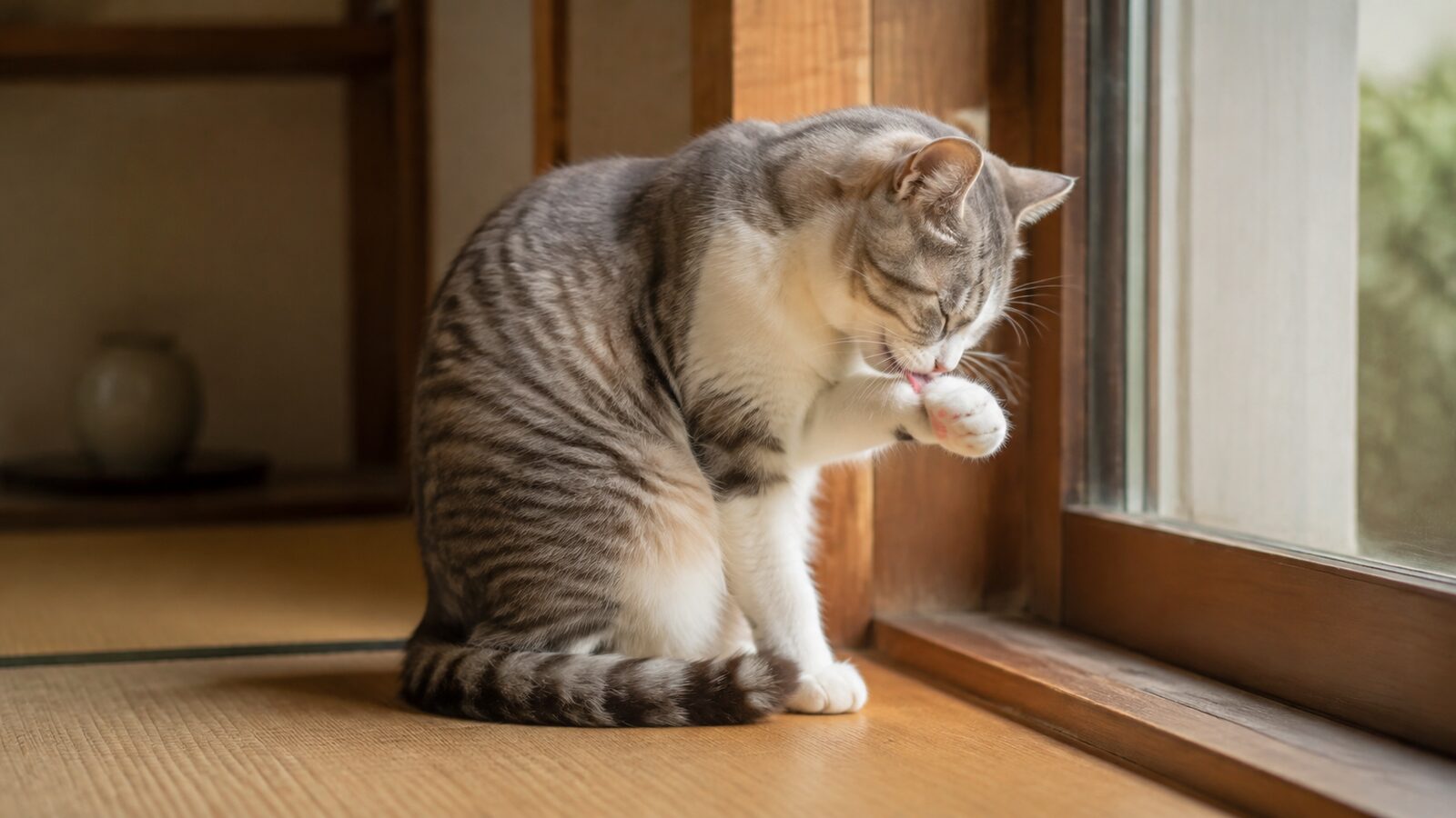 タオルから前足だけを出し、爪切りの練習をしている猫