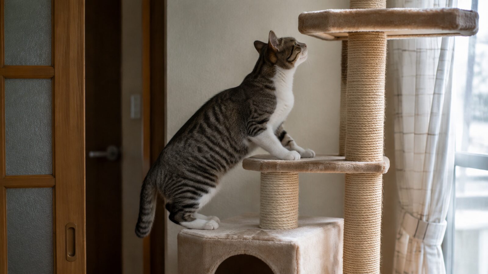 床と天井の条件を確認して設置したキャットタワーの固定部