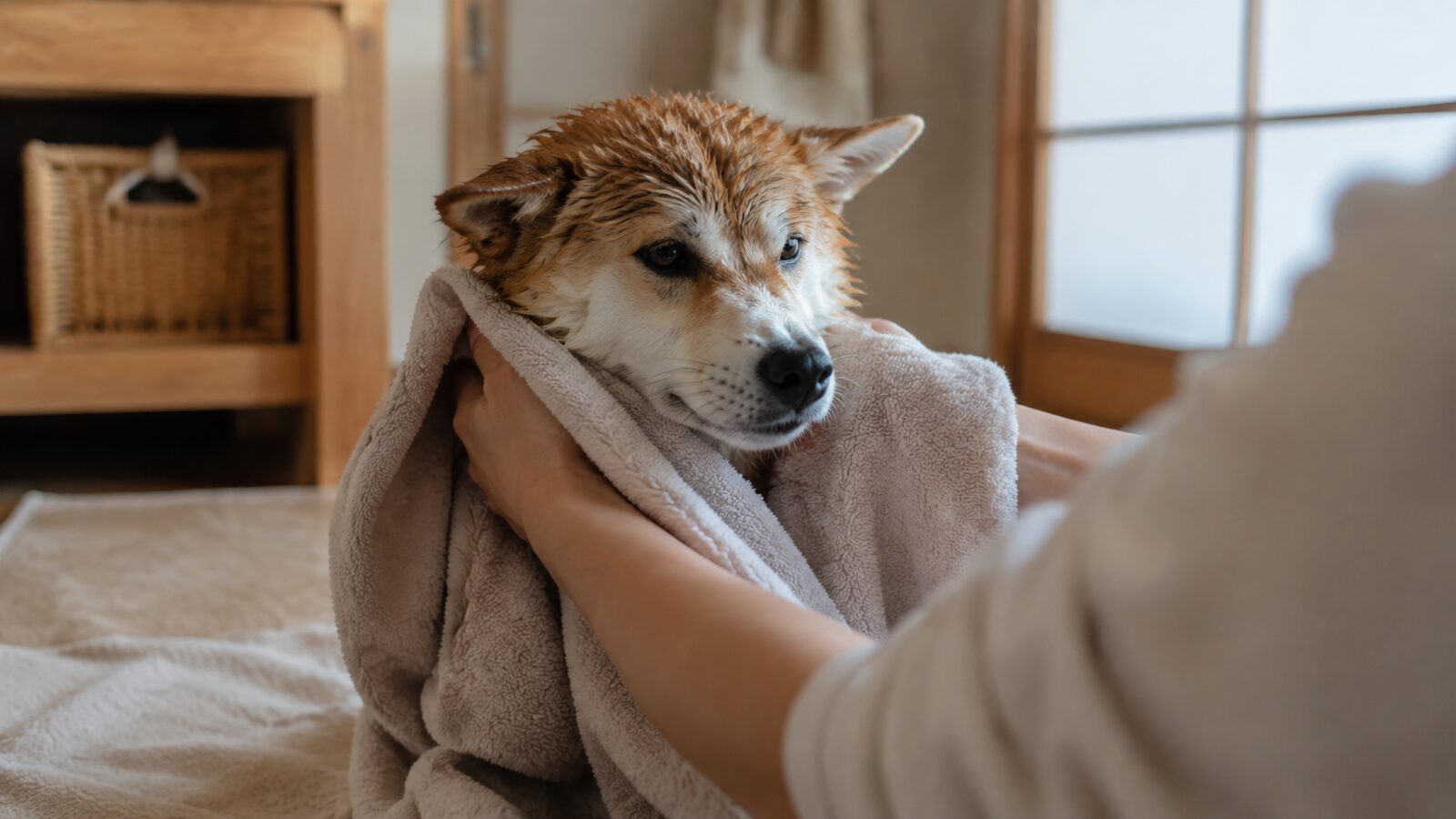 犬用ブラシやタオルを手の届く場所に並べた洗浄前の準備