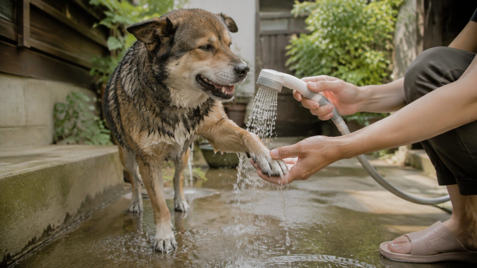 休憩中に真水を器から飲む犬