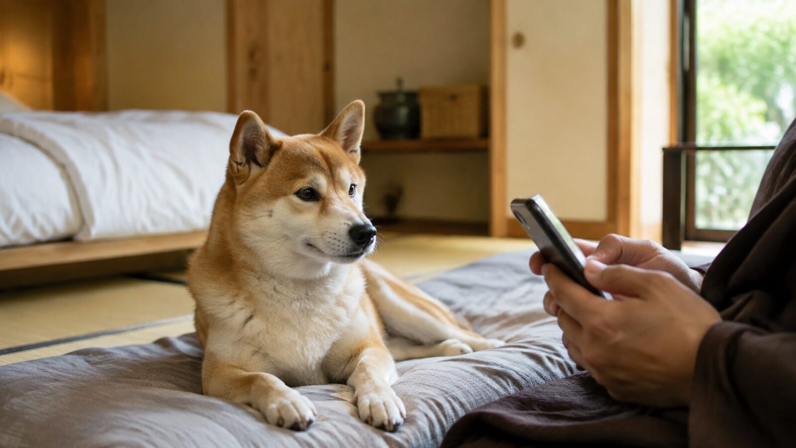犬用の水、食器、リード、寝床、ライトを並べたキャンプ準備品