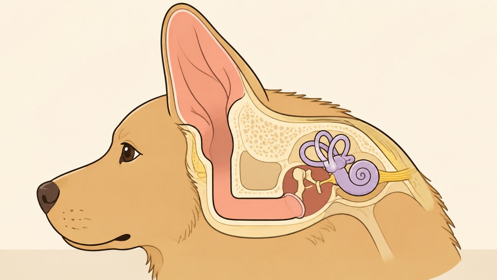 犬の耳の付け根を指でやさしくもみ、入口のコットンを交換している様子