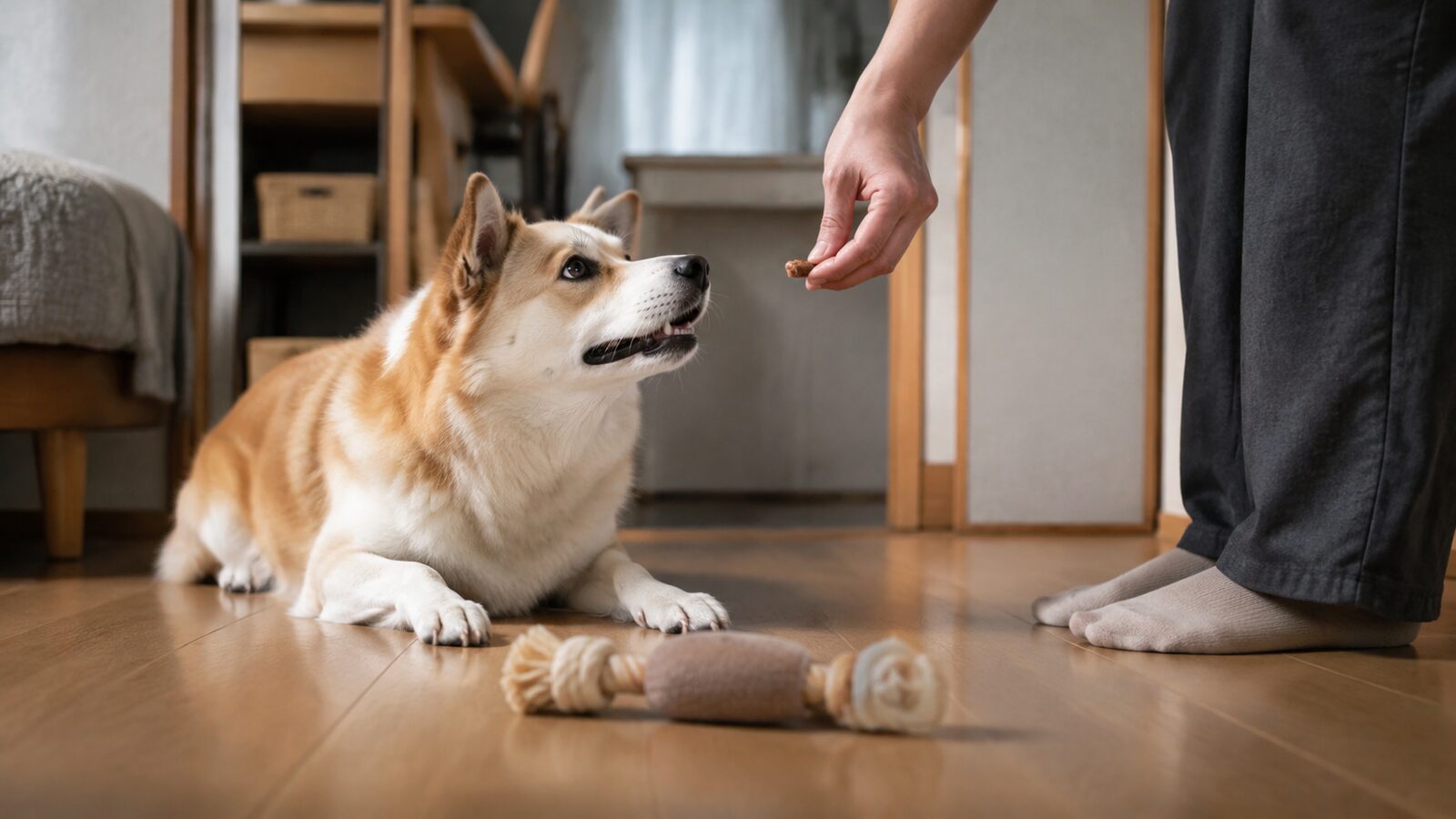 静かな仕切りの中で食事をする犬と、外で距離を保つ家族