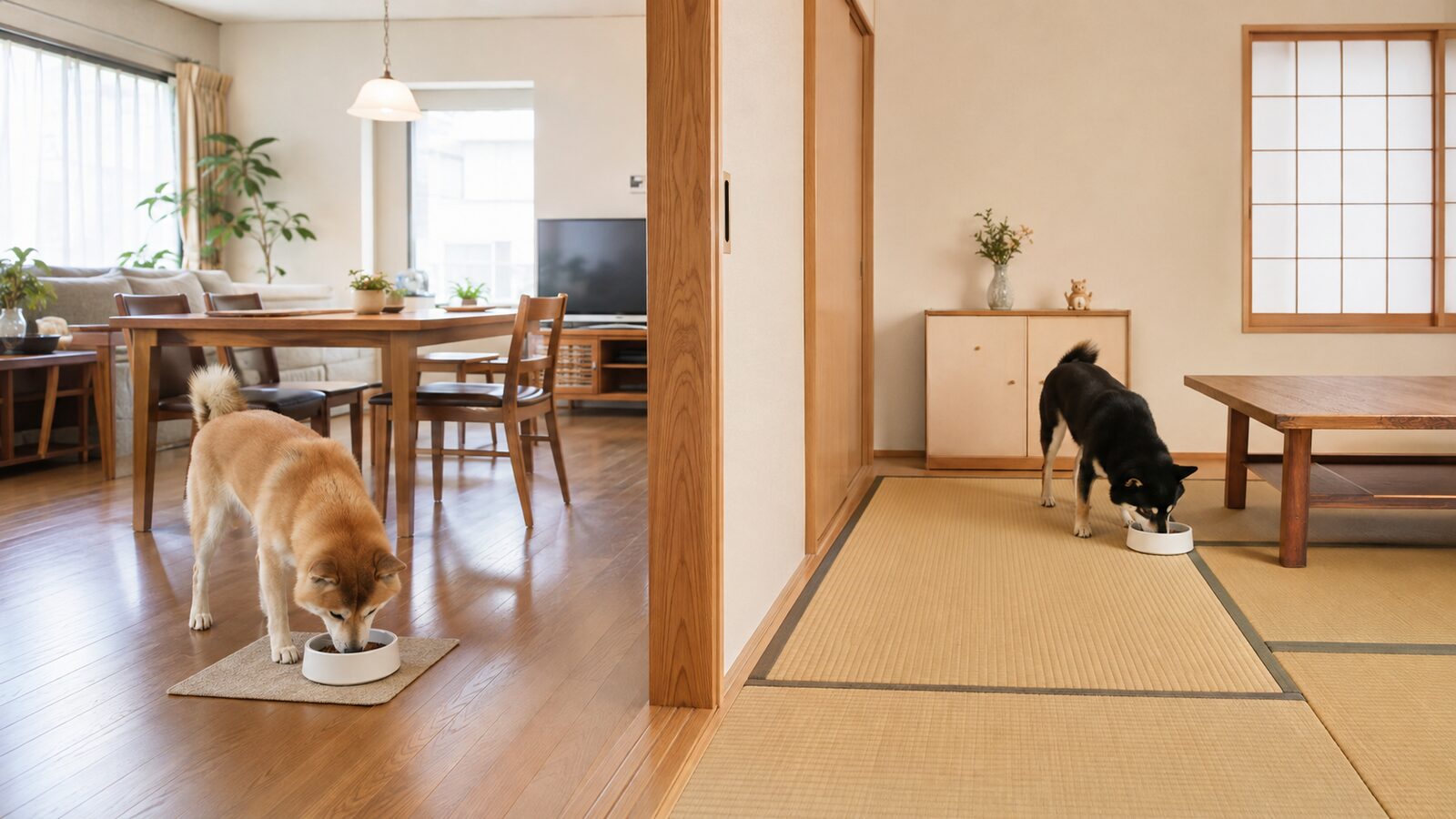 食事中の犬と子どもの間をゲートで分ける家庭の様子