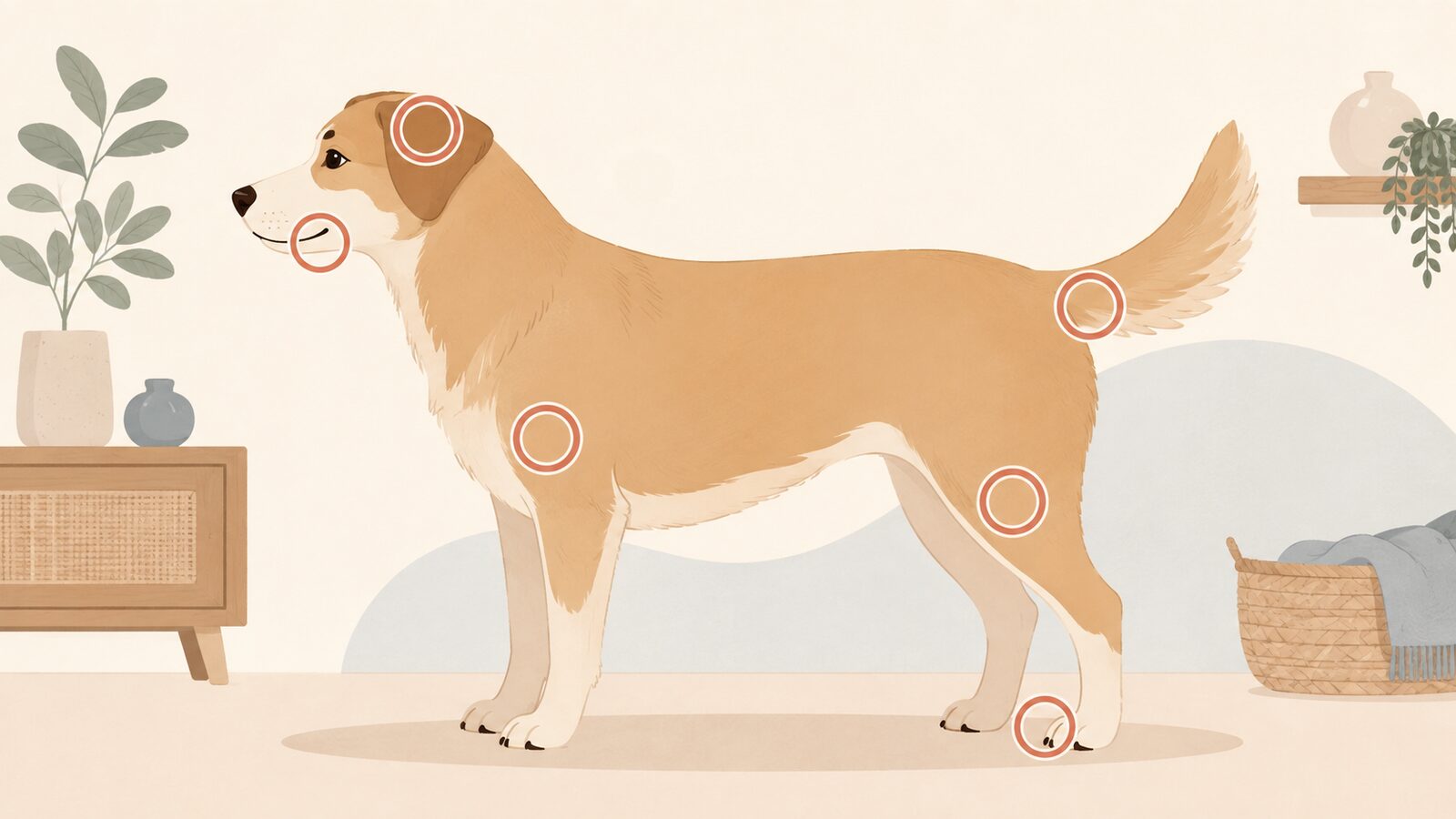 指の間を開いて足先の赤みを確認する犬