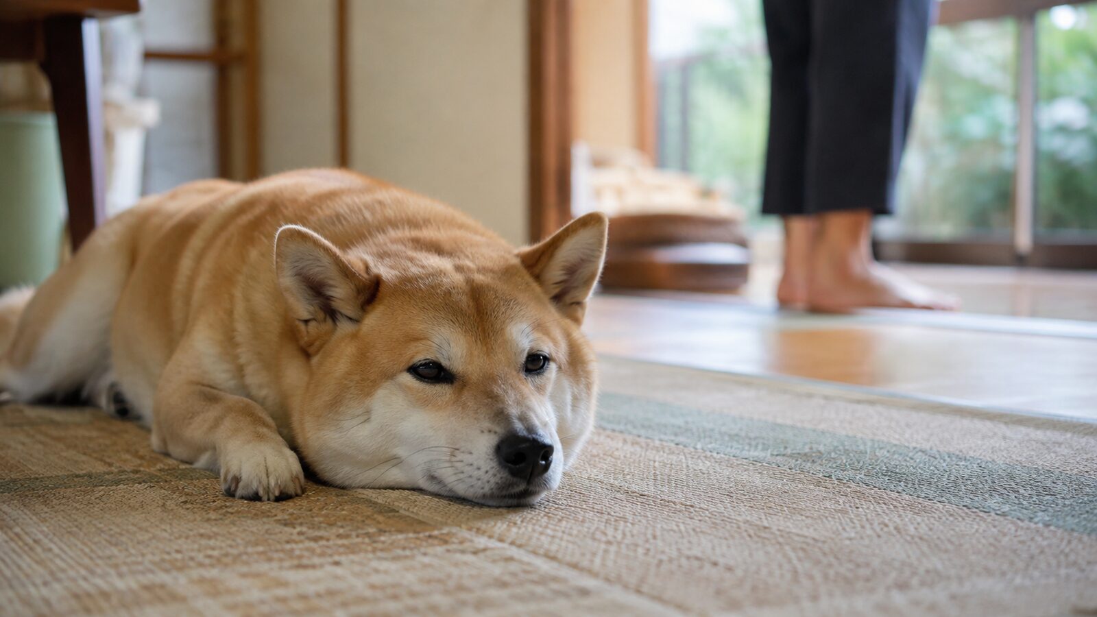 マットの上で四本足を床につけて待つ犬