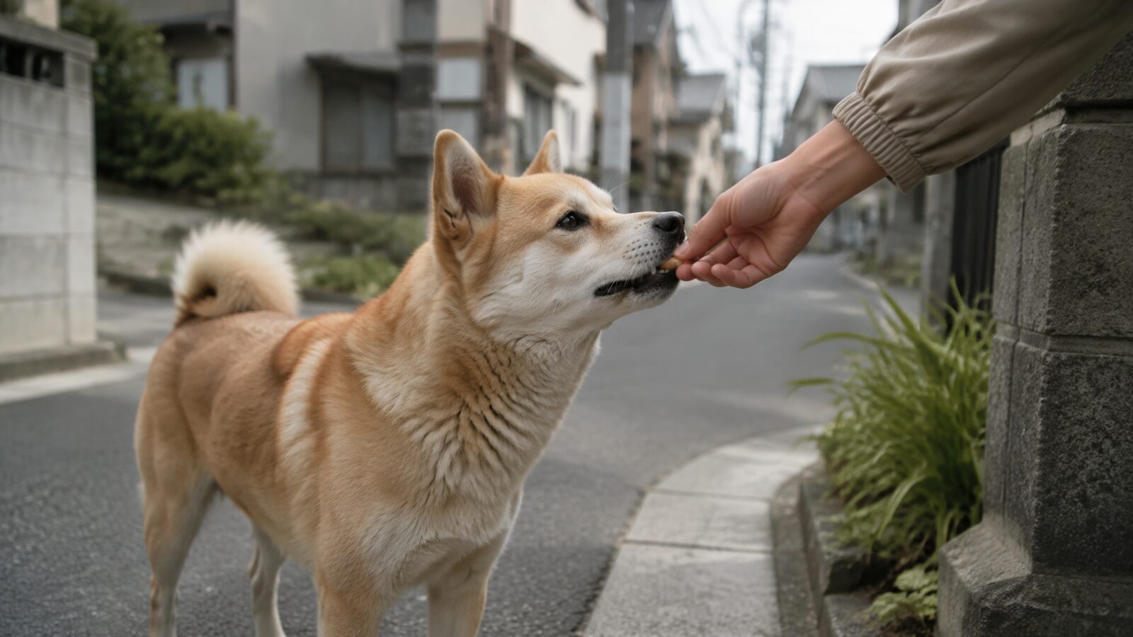 草むらで犬が安全な距離を保ちながら、リードをゆるめてにおいを嗅いでいる様子