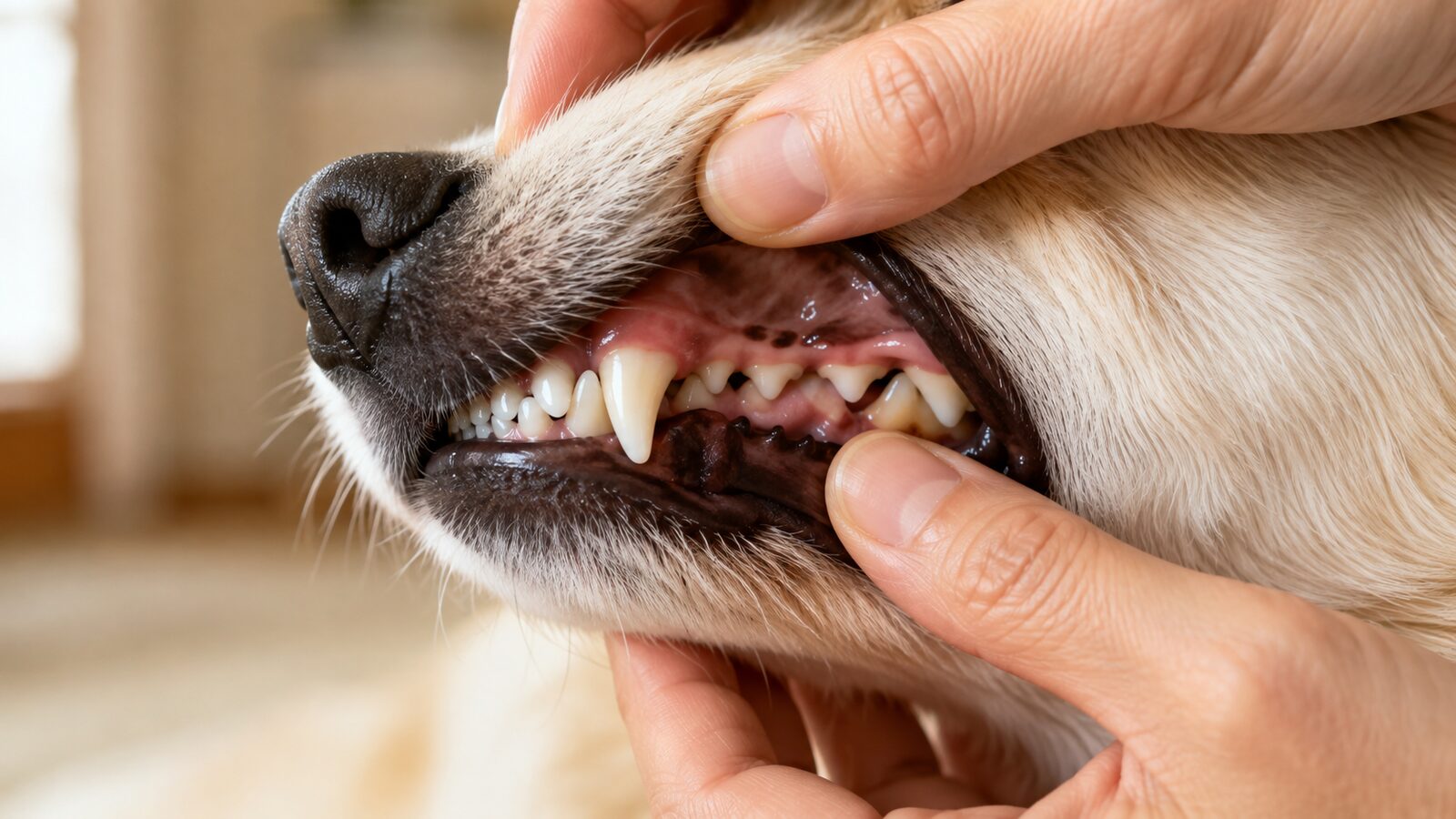 食器の前でフードを見つめる犬の様子