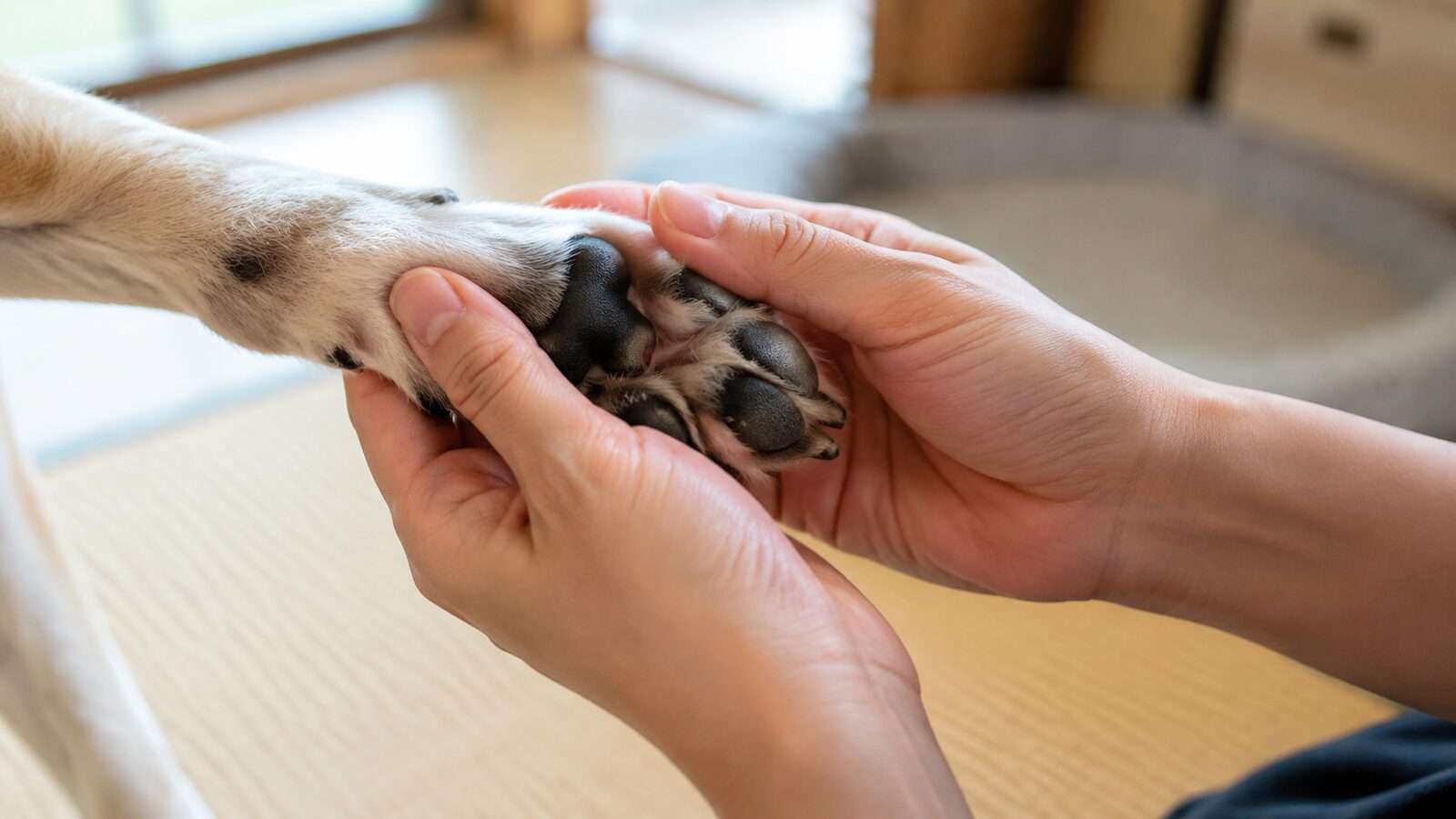 飼い主の横で休憩し水を飲む犬