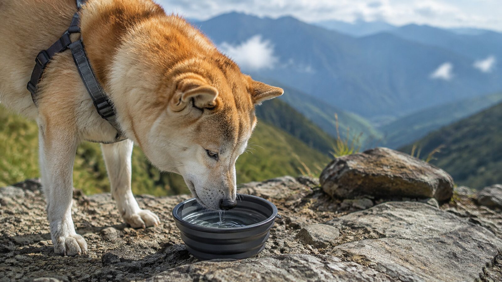 山の尾根で風を受ける犬と飼い主