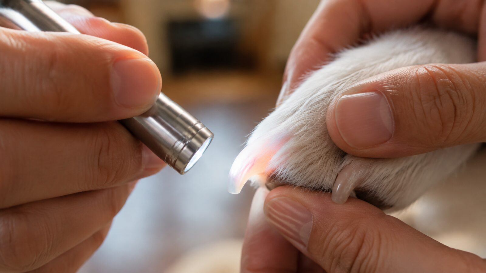 床に触れそうな犬の爪と内側に伸びた狼爪を確認する足先