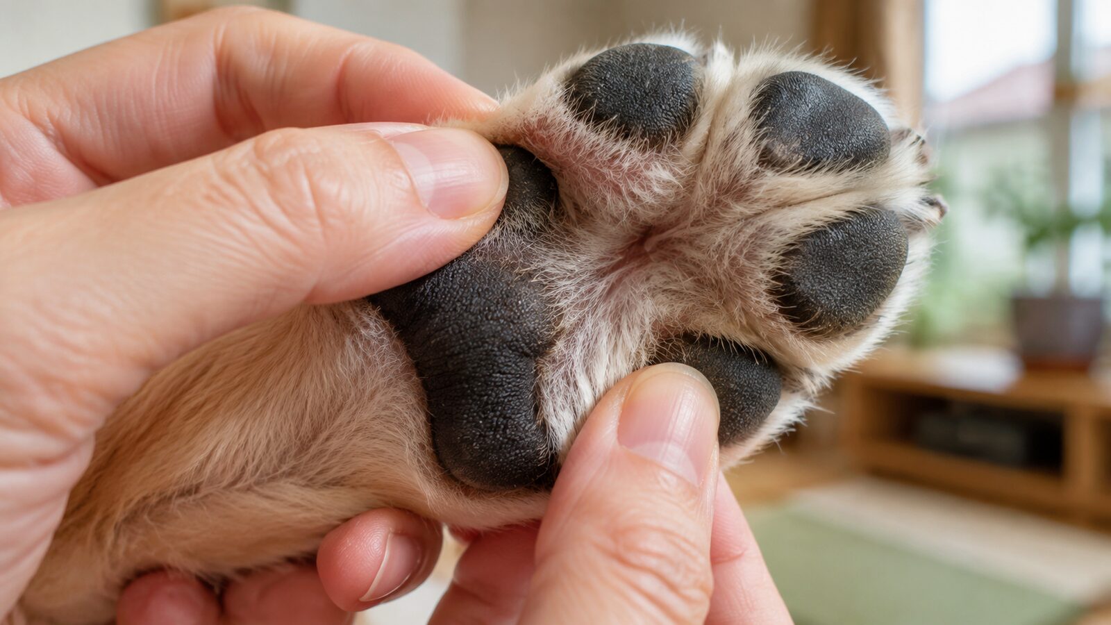 散歩後の犬の足裏を、肉球・指の間・爪の順に確認する手元