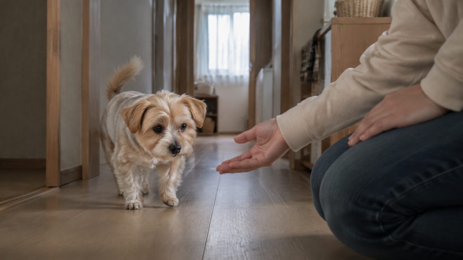 室内で一メートル先の犬を呼ぶ飼い主と、近づいてくる犬