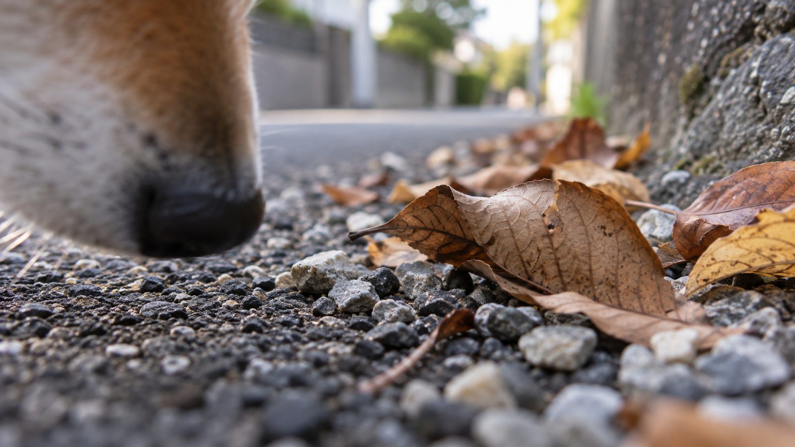 落ち物の少ない道で飼い主の横を歩く犬と、手にしたごほうび