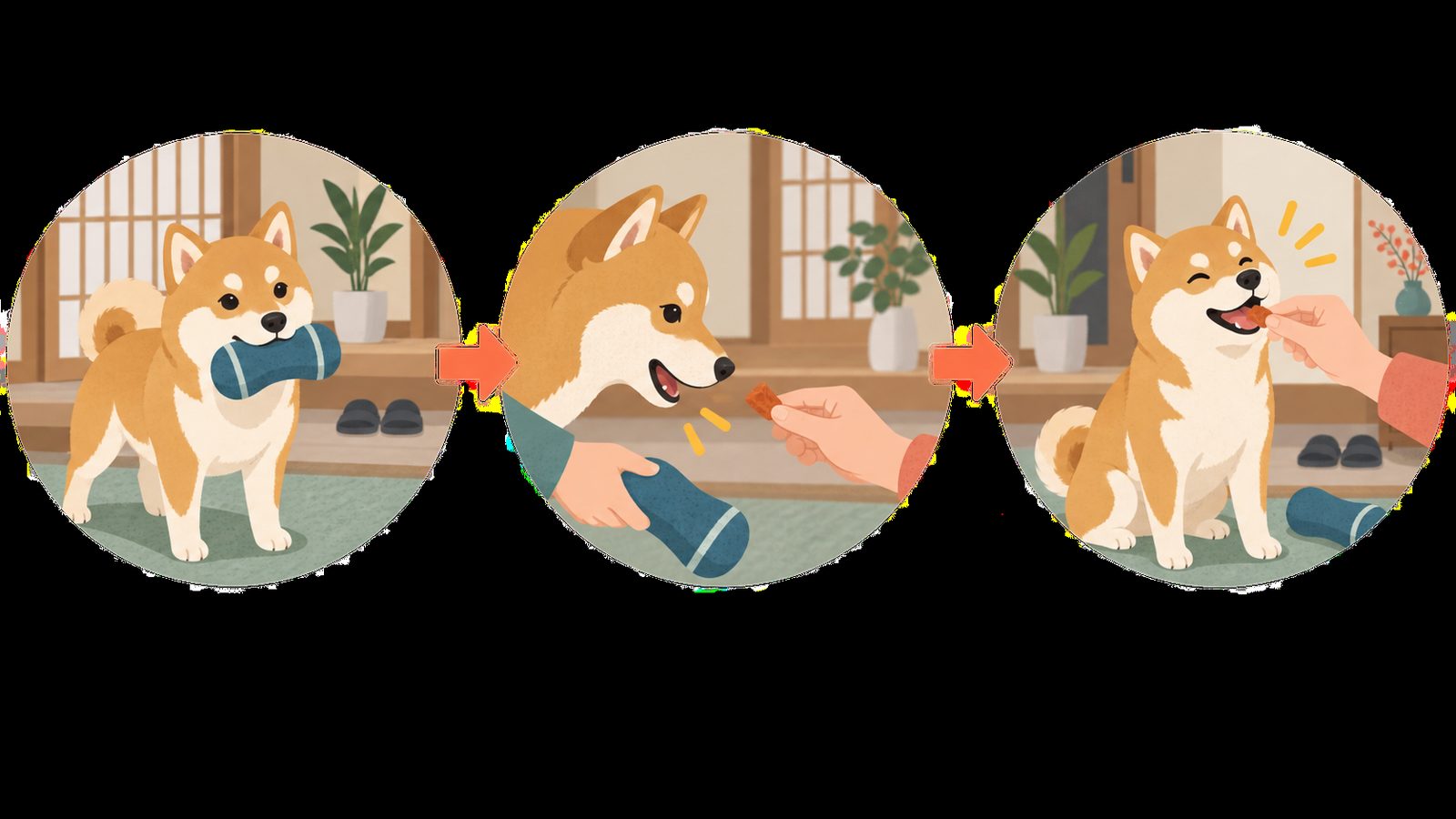 犬が地面のにおいから顔を上げ、飼い主の手元のごほうびを見ている様子