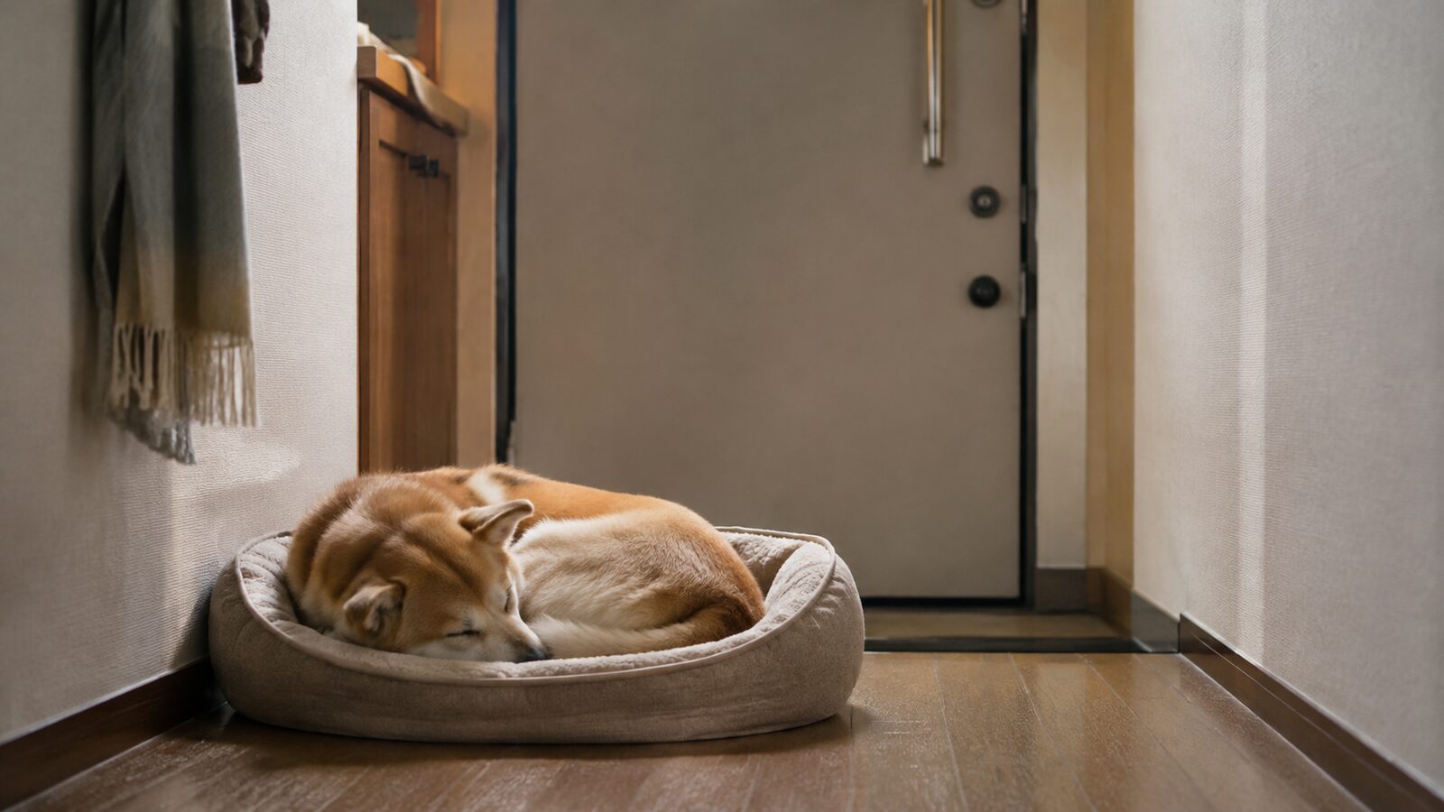 玄関ドアの前で落ち着いて待つ犬と短時間練習の様子
