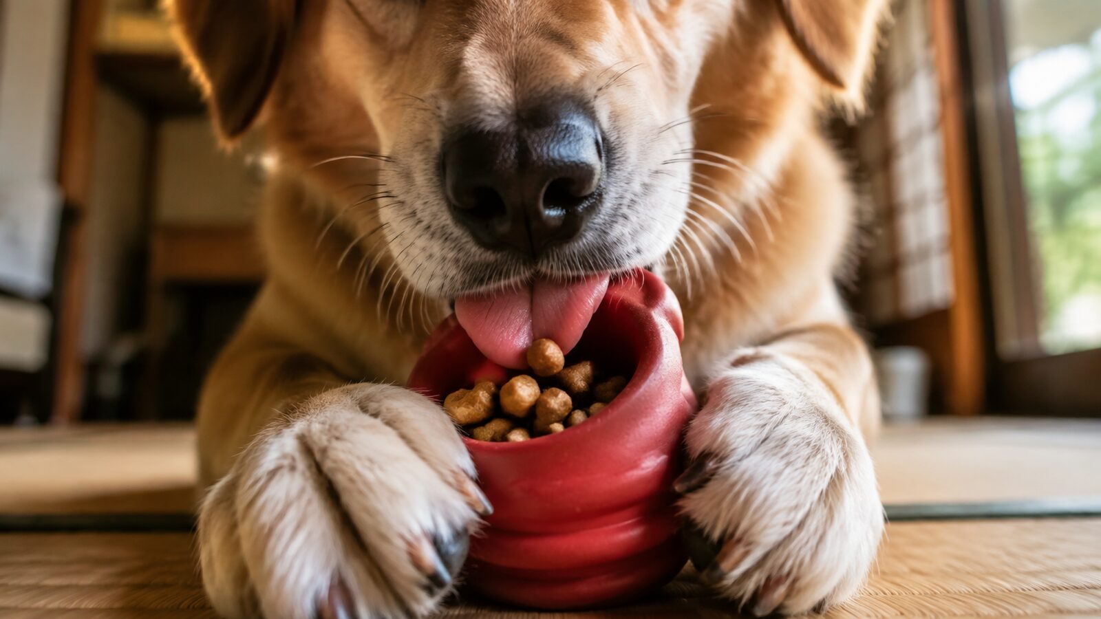 知育トイと少量のフードを使って犬が鼻で探す留守番準備