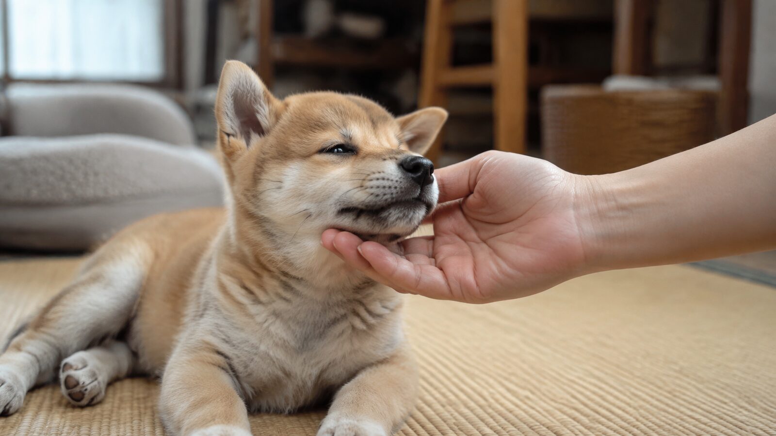 飼い主の足元から少し離れた場所で人を見ている子犬