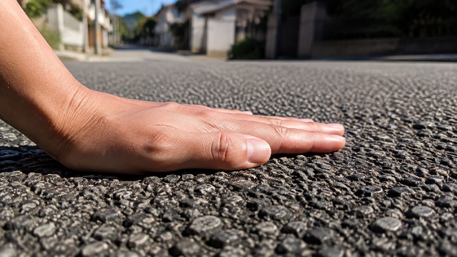 体高の低い犬が日なたの舗装路を歩く様子