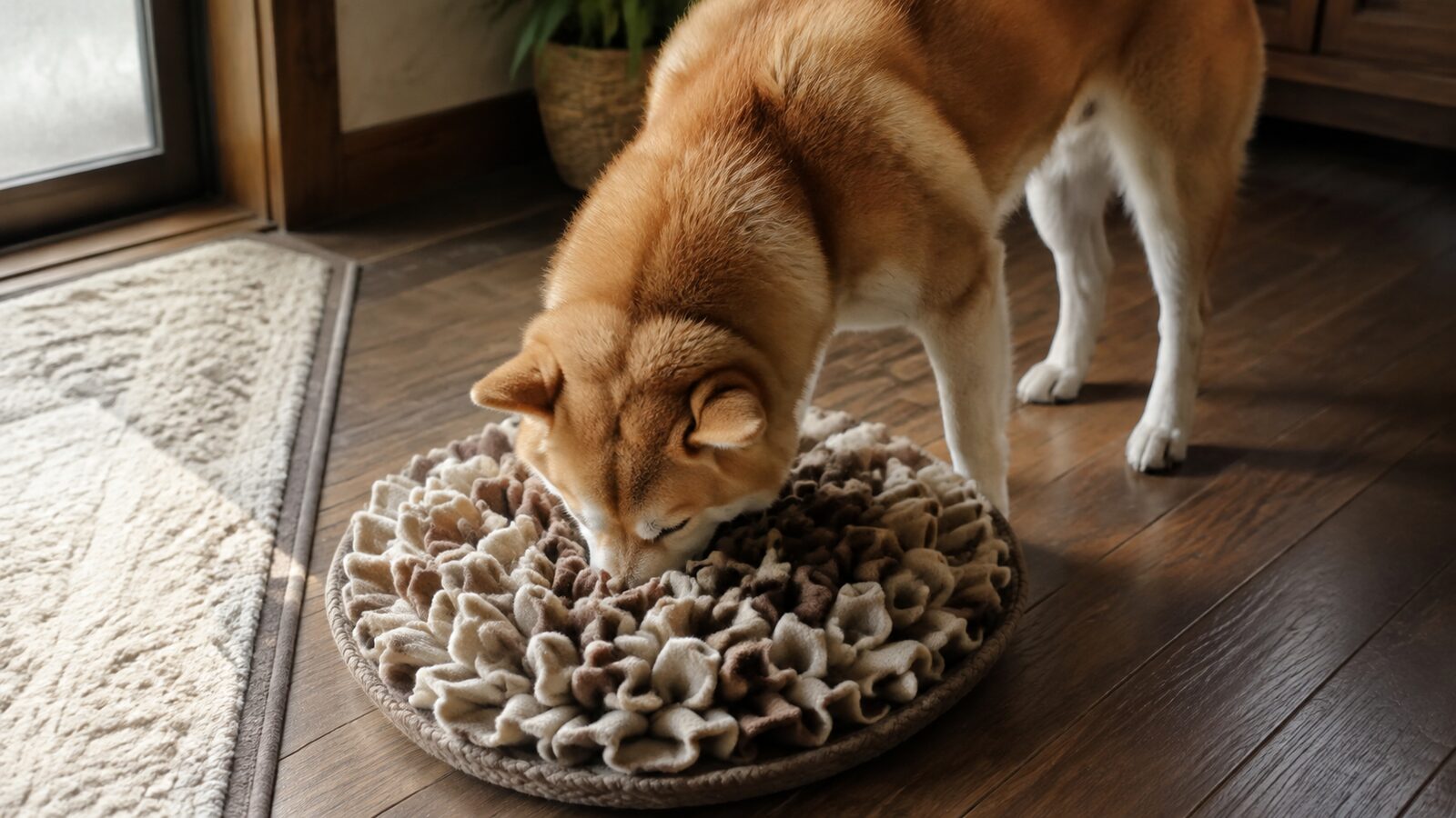 室内で知育トイを使って遊ぶ犬