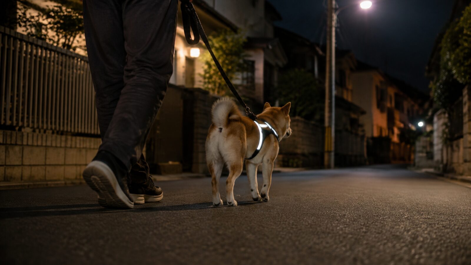 反射材と小型ライトを付けた犬が夜道を歩く様子