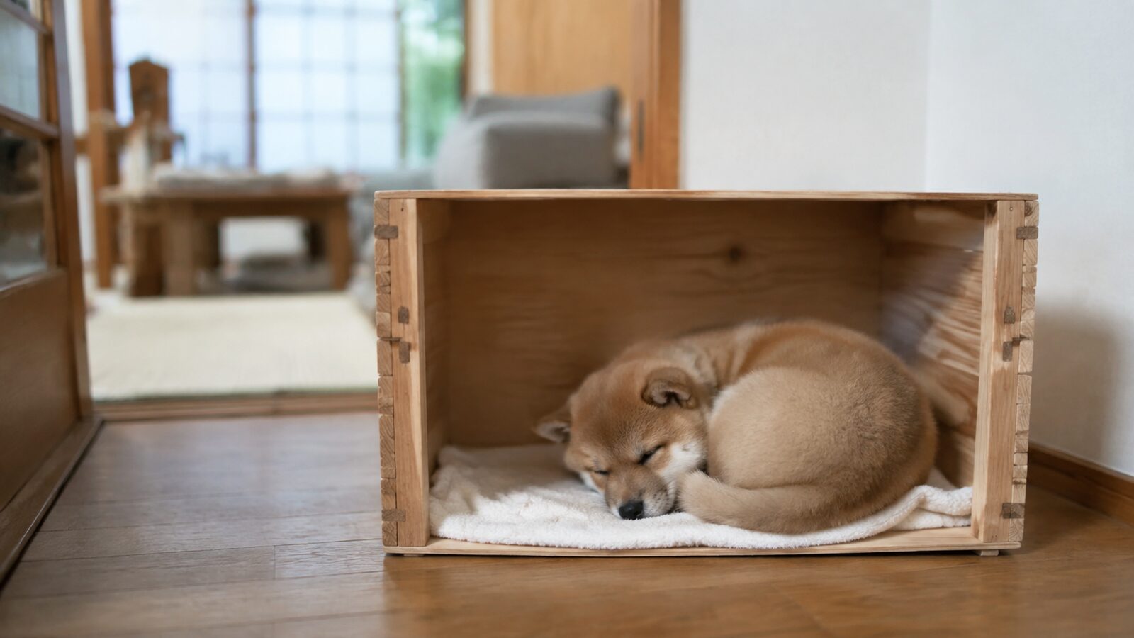 サークル内にクレートとトイレを配置した犬の生活スペース