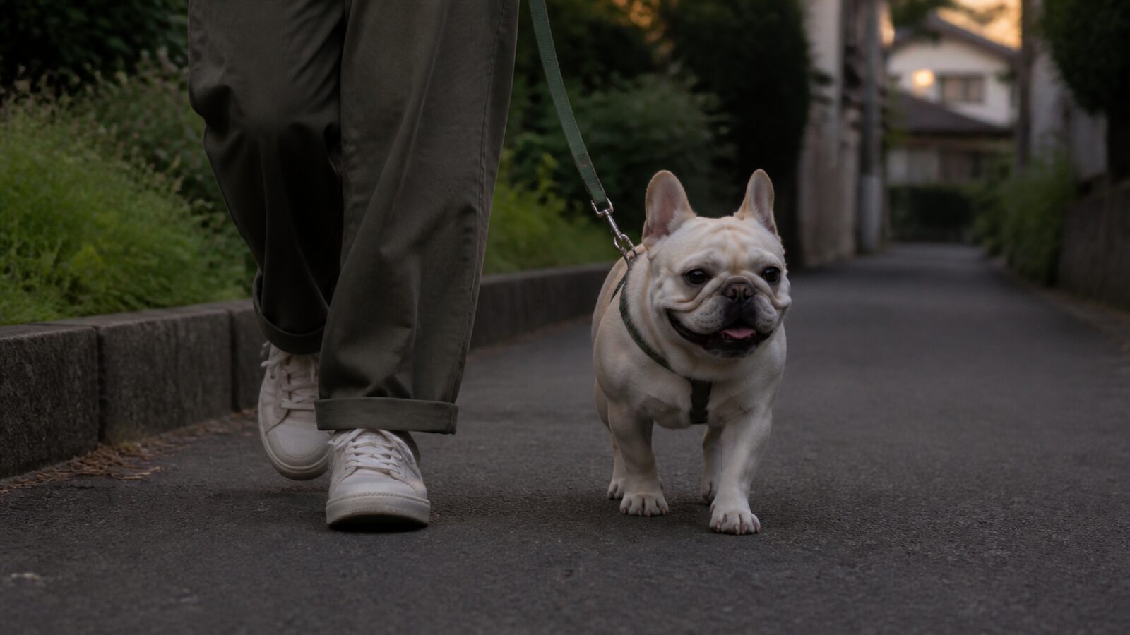 浅い水辺でライフジャケットを着け、飼い主に支えられるフレンチブルドッグ