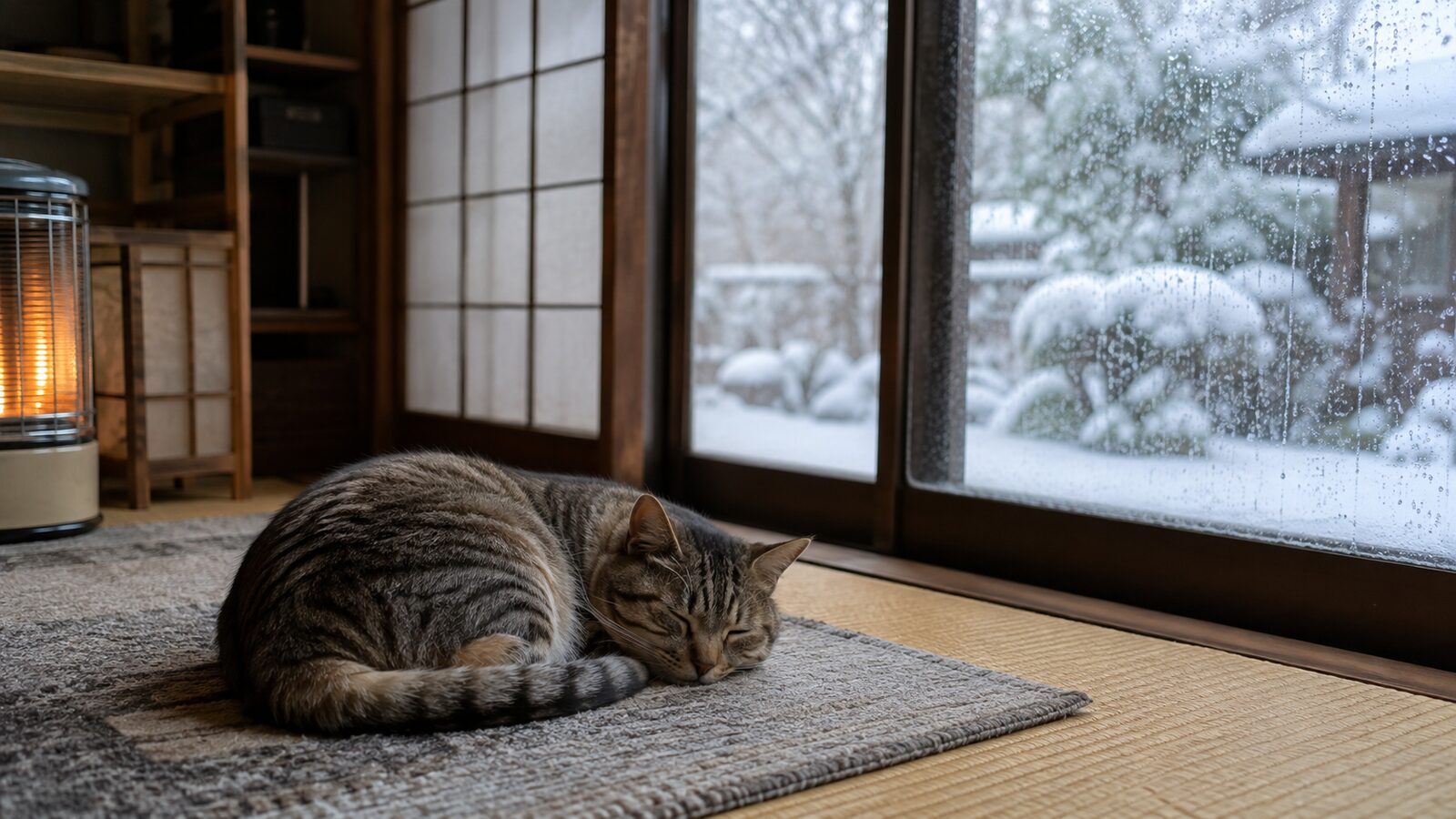 温度計と湿度計のある部屋で暖房から離れて眠る猫