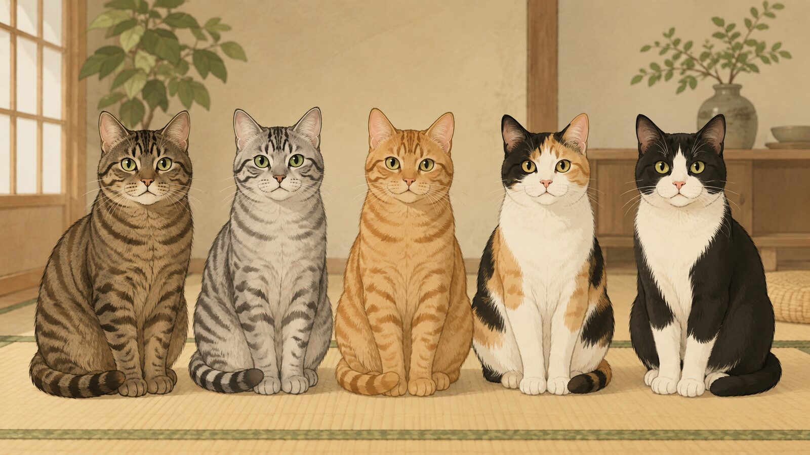 キジトラ、サバトラ、茶トラ、三毛、ハチワレの毛柄の違いが分かる猫たち