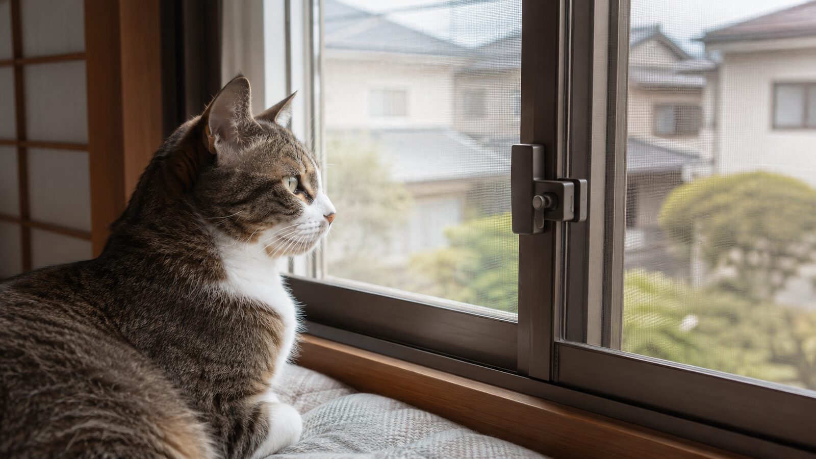 扉越しに互いの気配を確かめる新入り猫と先住猫