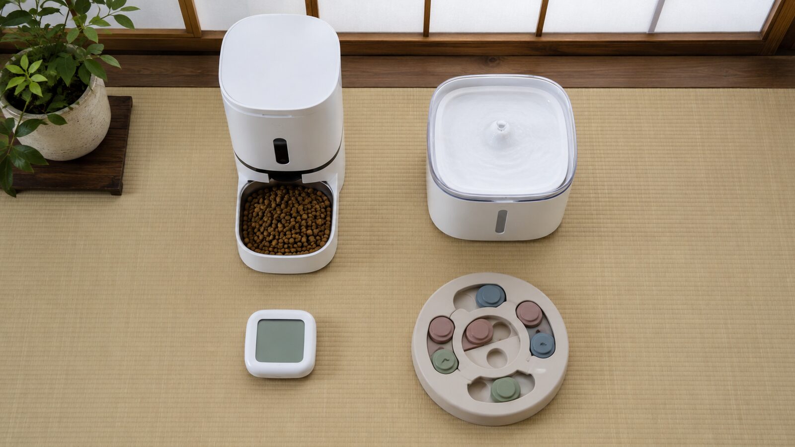 リビング全体と水皿、出入口を同時に確認できる見守りカメラ