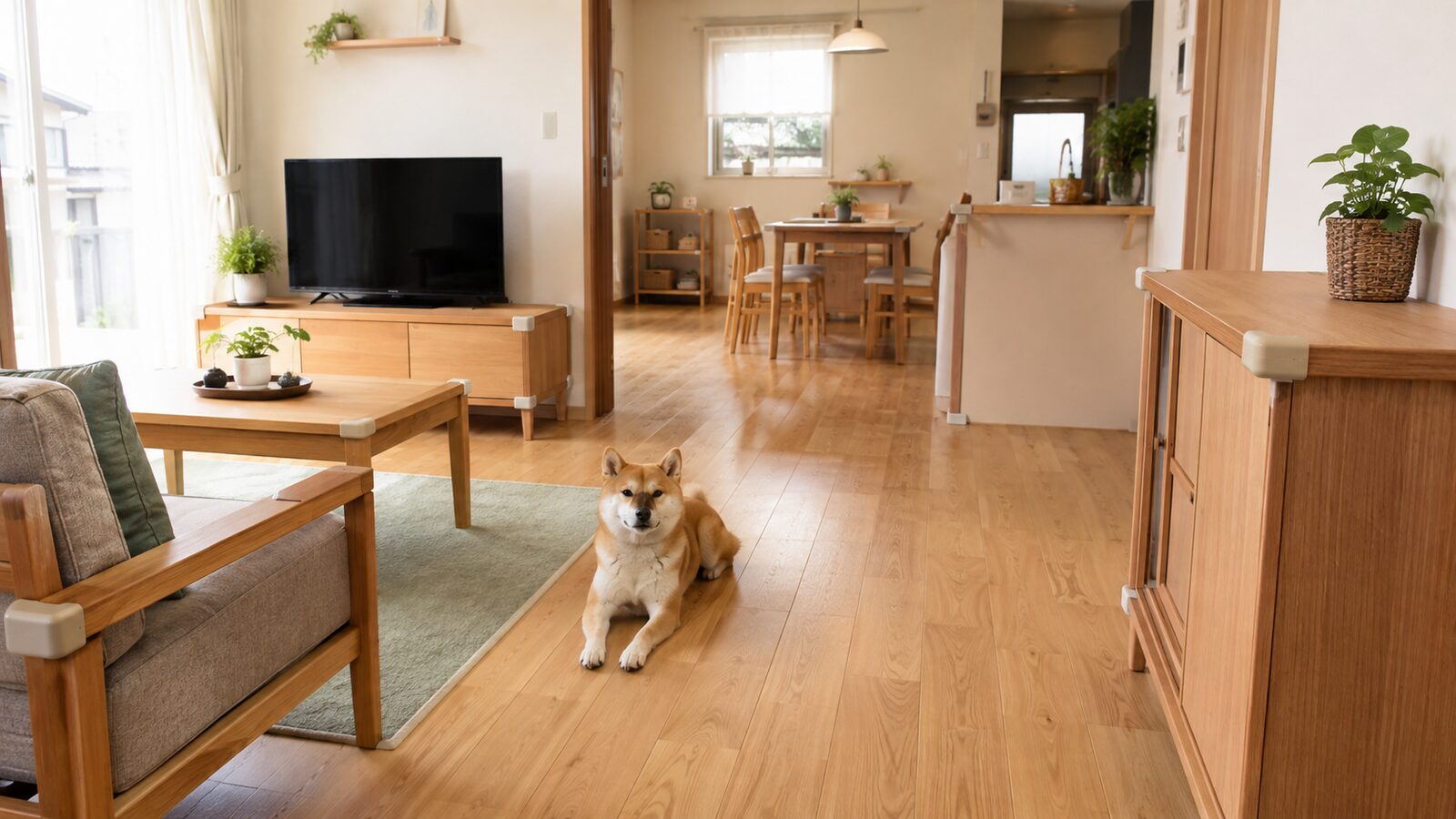夜の部屋をゆっくり歩く高齢犬と、足元を照らす小さな照明