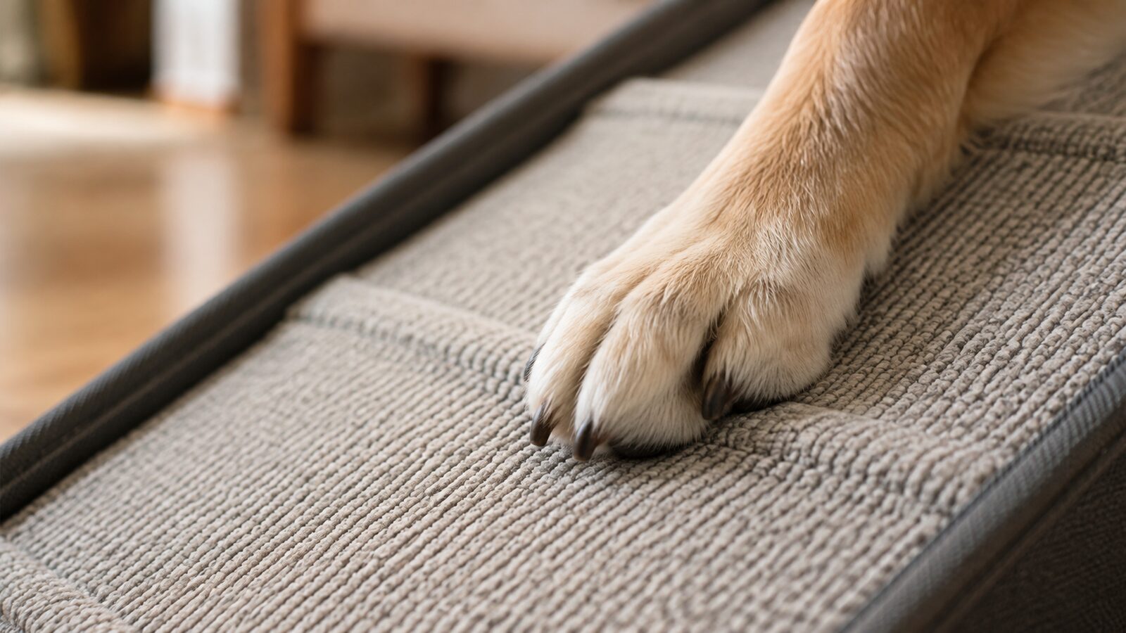 寝床から水飲み場まで続く滑り止めマットを歩くシニア犬