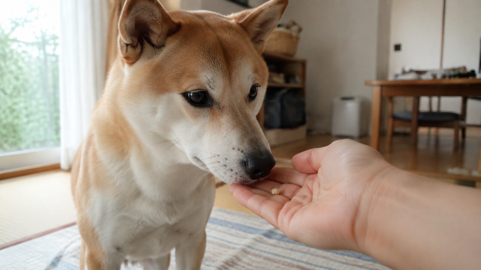 小さく割ったトリーツを手のひらに並べ、犬のトレーニングに使う様子
