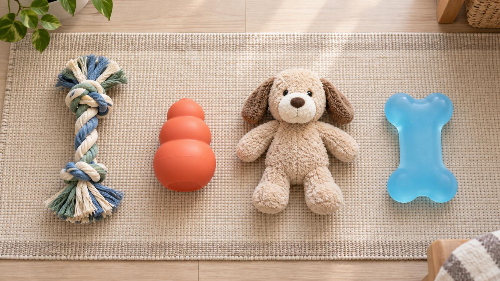ロープのおもちゃをくわえ、手ではなく物を噛んでいる子犬