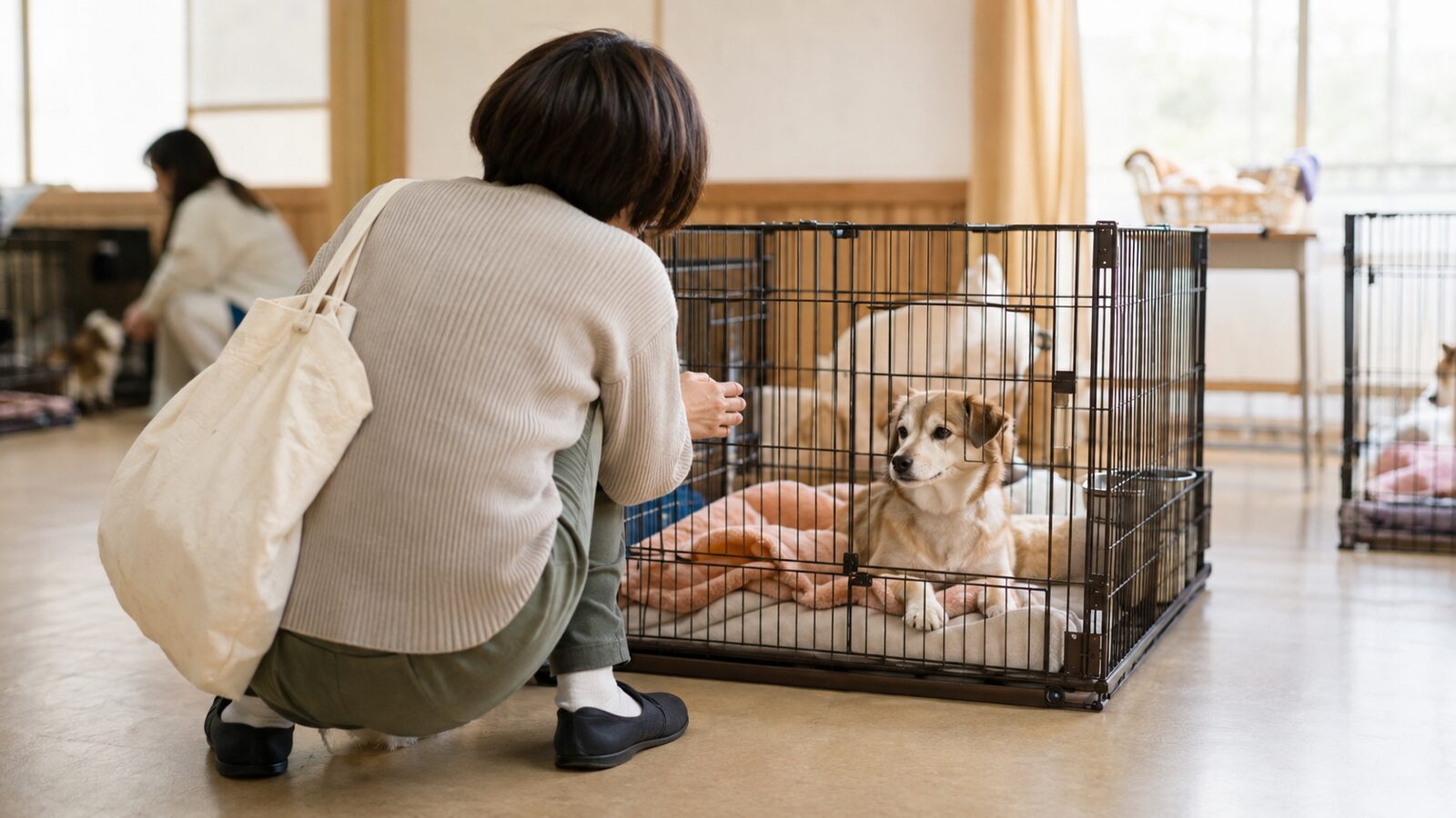 譲渡会でスタッフから成犬の生活記録を聞く家族