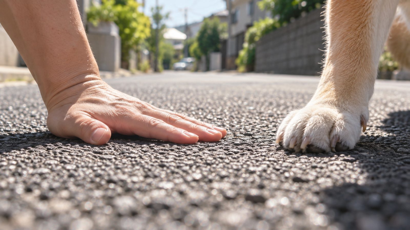 夕方の舗装路を避け、日陰の草道を歩く小型犬と飼い主
