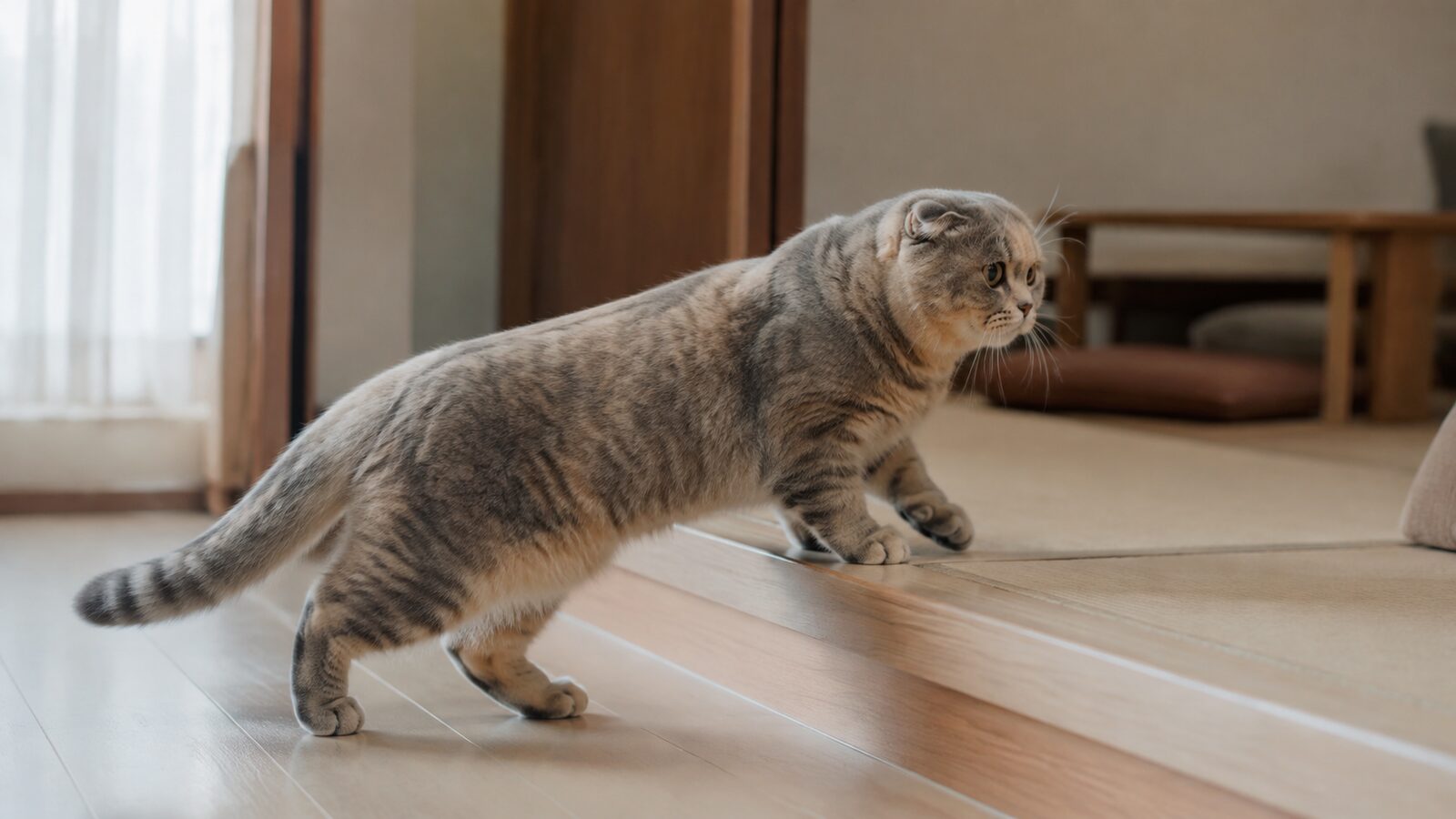 低い台の上で立つスコティッシュフォールドの足元と尾を写した写真