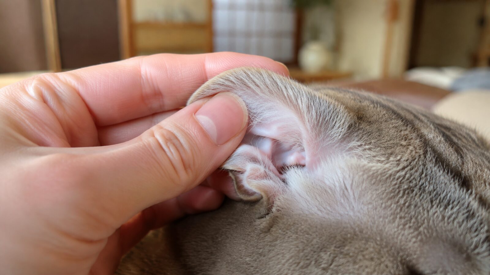 折れた耳の入り口を明るい場所で確認する猫の写真
