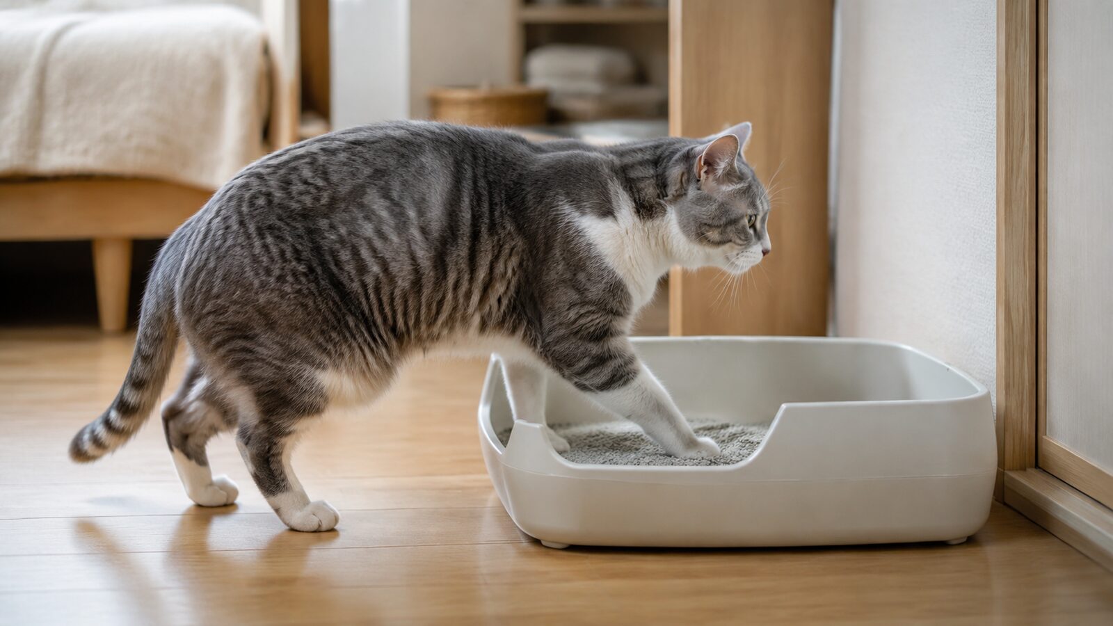 低い家具へ移動するシニア猫の横姿と普段の動線