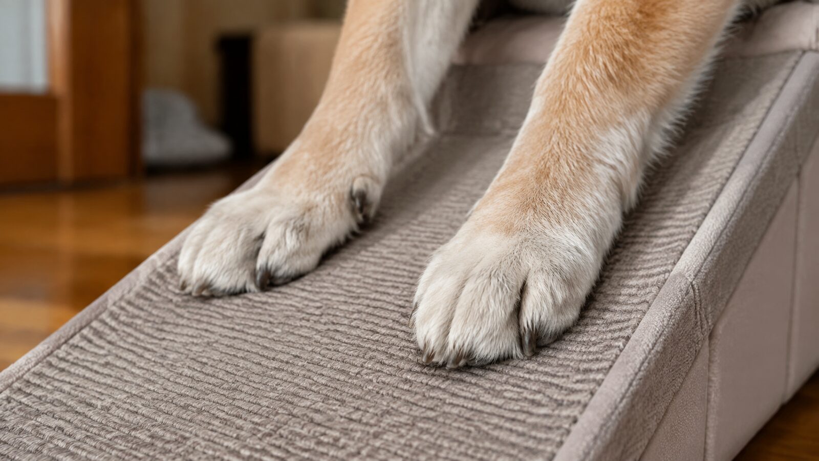 室内の家具を固定し、床に通路を確保して過ごすシニア犬