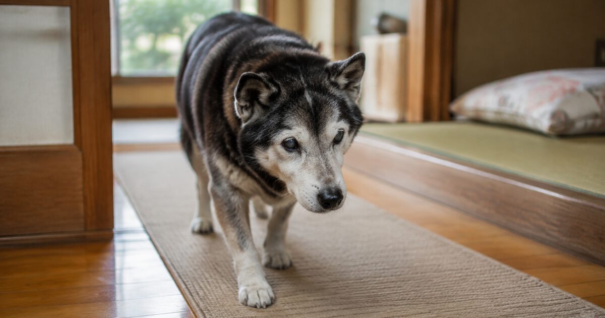 飼い主に寄り添うシニア犬