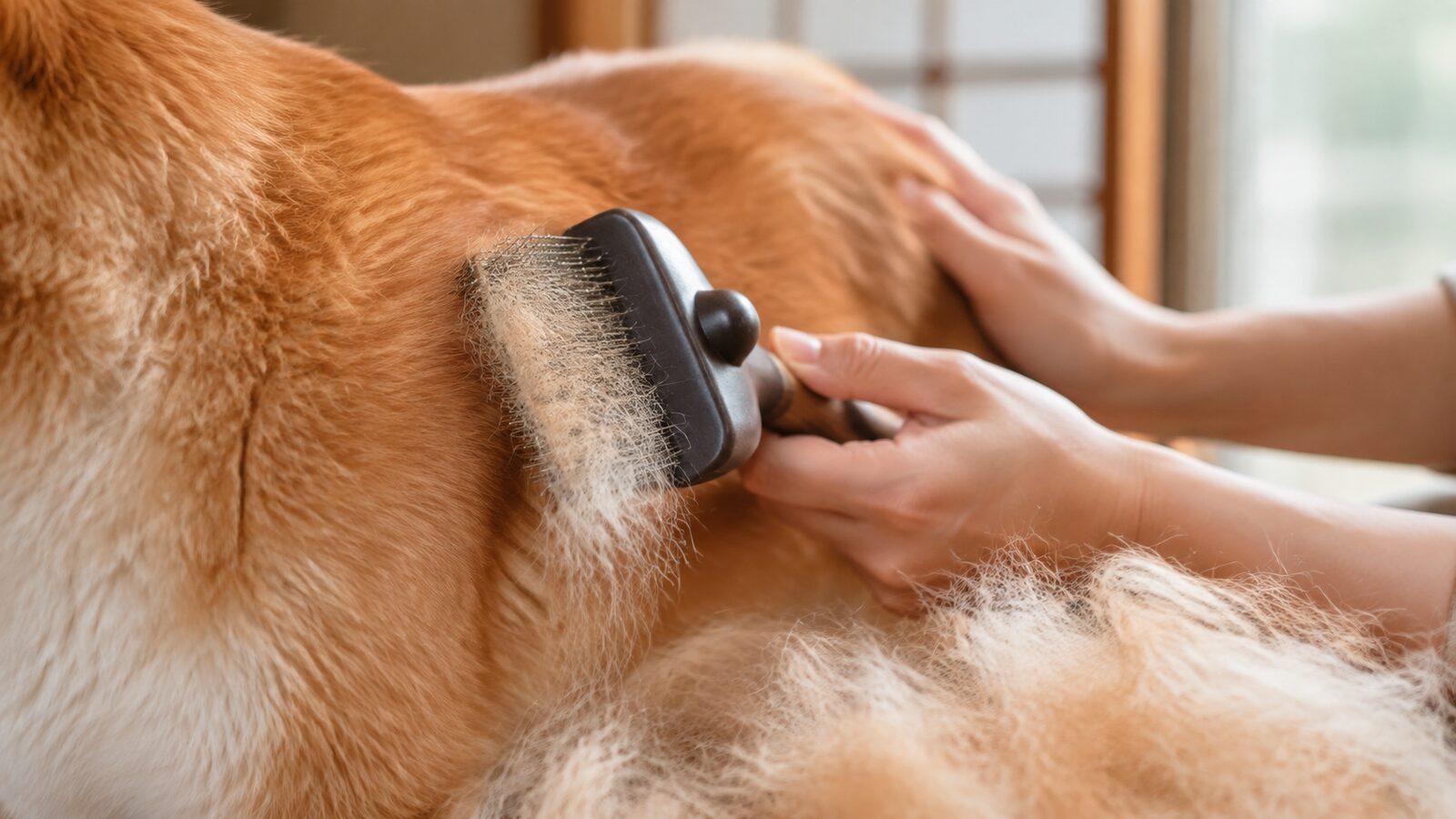肩から足先へ触る練習をする柴犬と飼い主の手