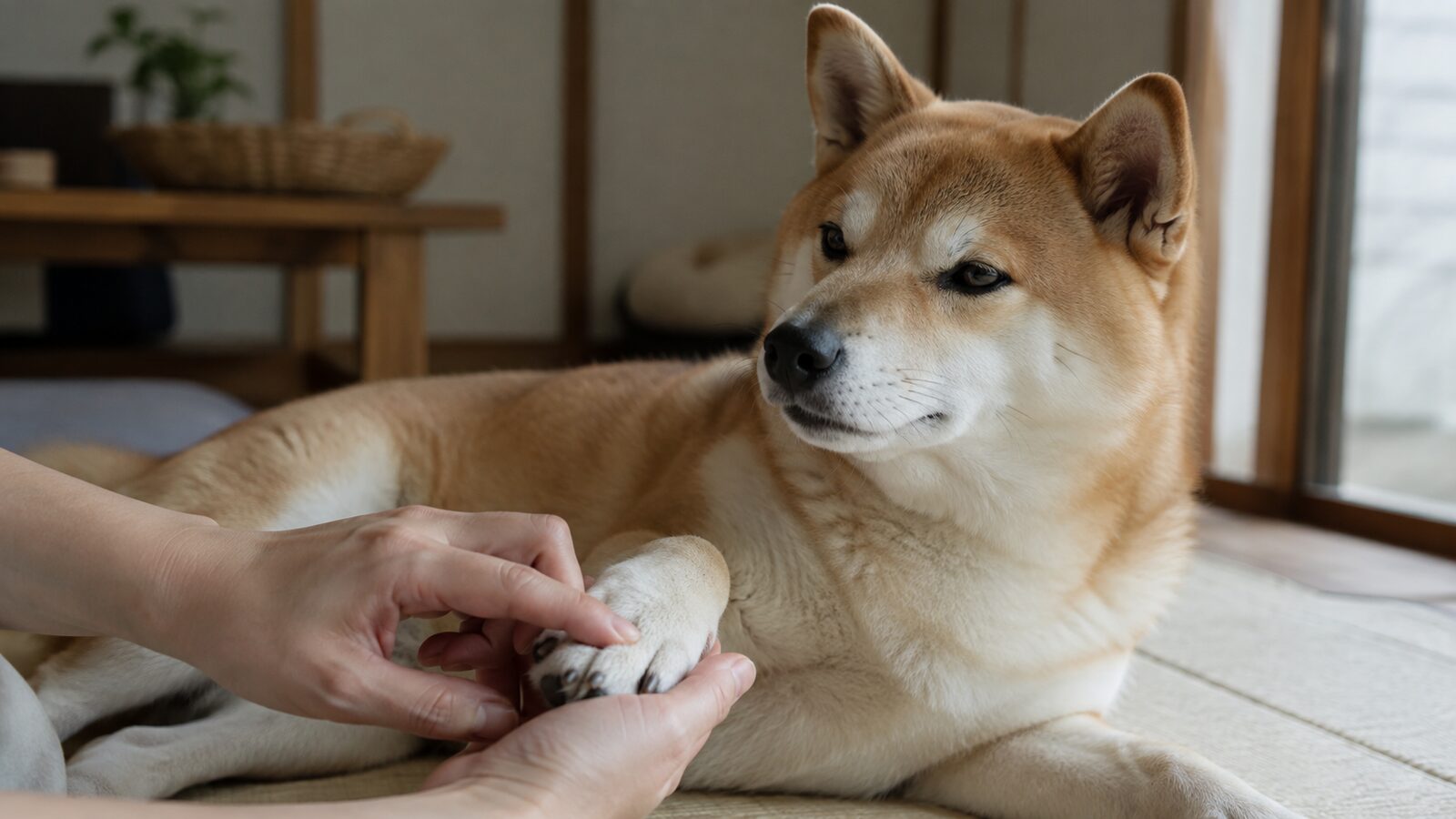 草地で立ち止まり、においを嗅ぐ柴犬