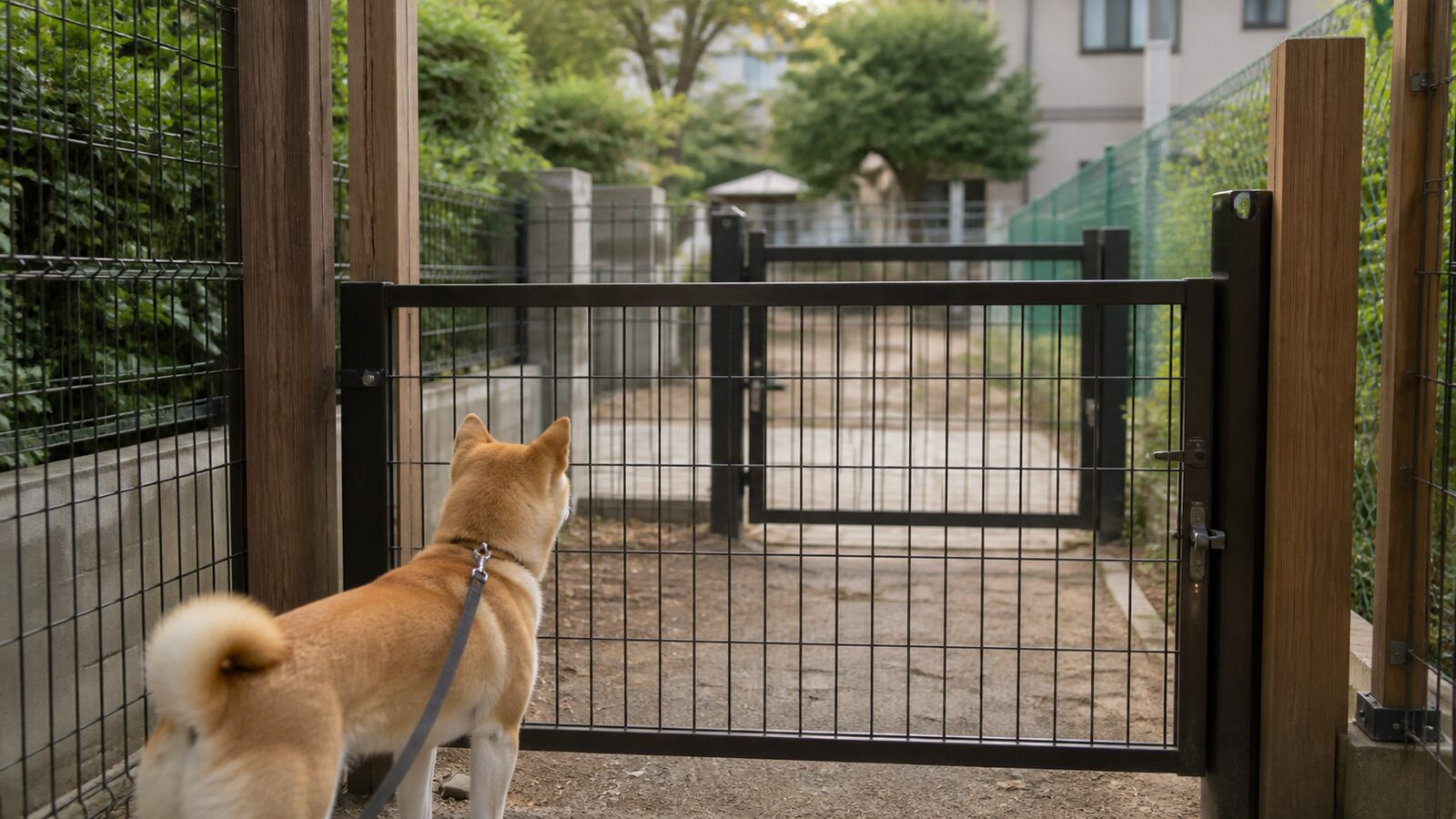 東京都内の公園で一般園地とドッグランを確認する飼い主のイメージ